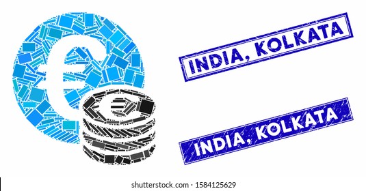 Mosaic Euro coin stack pictogram and rectangle India, Kolkata watermarks. Flat vector Euro coin stack mosaic pictogram of randomized rotated rectangle elements. Blue India,