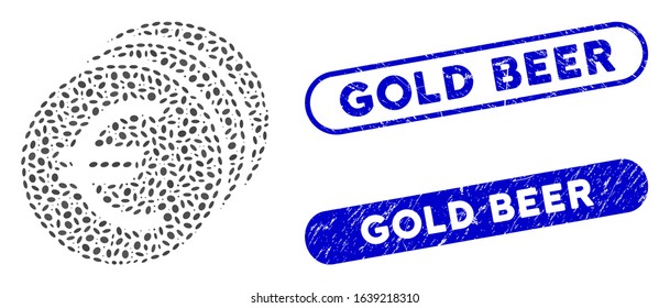 Mosaic Euro coins and corroded stamp seals with Gold Beer phrase. Mosaic vector Euro coins is created with randomized ellipse dots. Gold Beer stamp seals use blue color,