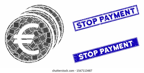 Mosaic Euro coins icon and rectangle seal stamps. Flat vector Euro coins mosaic icon of scattered rotated rectangle elements. Blue caption rubber stamps with scratched texture.