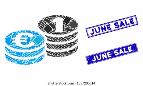 Mosaic Euro coins icon and rectangular seals. Flat vector Euro coins mosaic icon of random rotated rectangular items. Blue caption seals with grunge texture.
