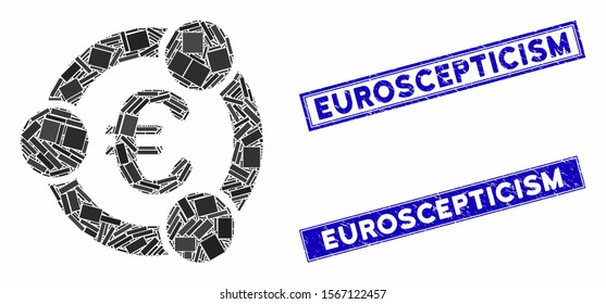 Mosaic Euro collaboration pictogram and rectangular rubber prints. Flat vector Euro collaboration mosaic pictogram of randomized rotated rectangular elements.