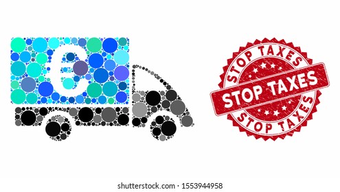Mosaic Euro collector car and rubber stamp watermark with Stop Taxes phrase. Mosaic vector is created with Euro collector car icon and with scattered spheric spots. Stop Taxes stamp uses red color,