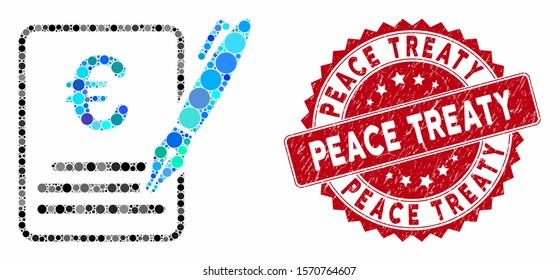 Mosaic Euro contract signature and grunge stamp watermark with Peace Treaty phrase. Mosaic vector is composed with Euro contract signature icon and with scattered circle spots.