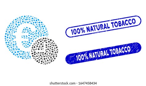 Mosaic Euro credit and distressed stamp watermarks with 100% Natural Tobacco phrase. Mosaic vector Euro credit is composed with scattered elliptic items.