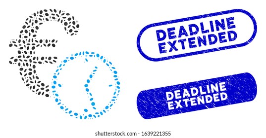 Mosaic Euro credit and grunge stamp seals with Deadline Extended caption. Mosaic vector Euro credit is composed with random elliptic items. Deadline Extended seals use blue color,