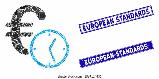Mosaic Euro credit icon and rectangular stamps. Flat vector Euro credit mosaic pictogram of scattered rotated rectangular elements. Blue caption rubber stamps with rubber texture.