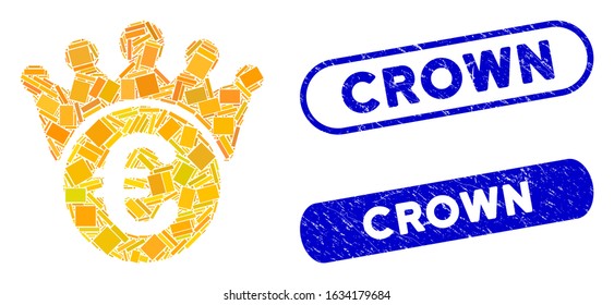 Mosaic Euro crown and grunge stamp watermarks with Crown text. Mosaic vector Euro crown is designed with scattered rectangle items. Crown stamp seals use blue color, and have round rectangle shape.