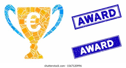 Mosaic Euro cup icon and rectangular watermarks. Flat vector Euro cup mosaic icon of randomized rotated rectangular items. Blue caption stamps with grunged textures.
