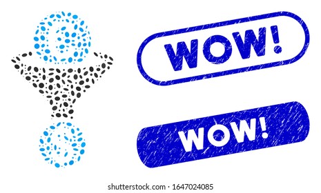 Mosaik Euro Währungsumrechner und korrodierte Stempeldichtungen mit Wow! Text. Mosaik Vektorillustration Euro Währungsumrechnungstrichter besteht aus randomisierten Ellipse Spots.