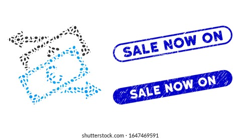 Mosaic Euro currency exchange and distressed stamp seals with Sale Now On caption. Mosaic vector Euro currency exchange is designed with scattered elliptic spots. Sale Now On seals use blue color,