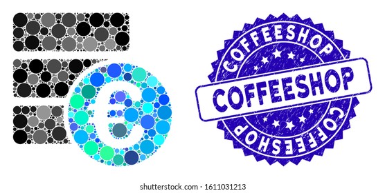 Mosaic Euro database icon and corroded stamp seal with Coffeeshop phrase. Mosaic vector is designed with Euro database icon and with randomized round spots. Coffeeshop stamp uses blue color,