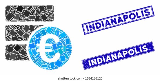 Mosaic Euro database pictogram and rectangle Indianapolis watermarks. Flat vector Euro database mosaic pictogram of scattered rotated rectangle items.