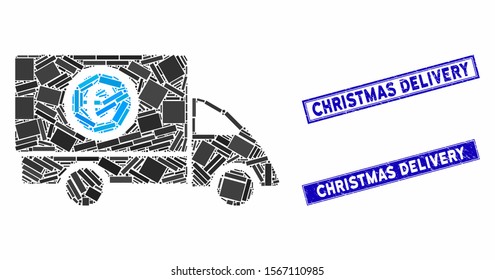 Mosaic Euro delivery icon and rectangle stamps. Flat vector Euro delivery mosaic icon of randomized rotated rectangle elements. Blue caption rubber stamps with dirty textures.