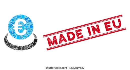 Mosaic Euro deposit icon and red Made in Eu seal stamp between double parallel lines. Flat vector Euro deposit mosaic icon of scattered rotated rectangle elements.