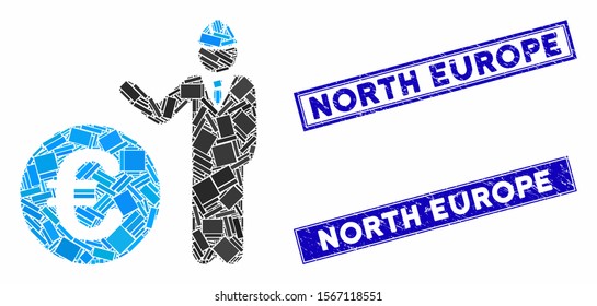 Mosaic Euro developer icon and rectangle stamps. Flat vector Euro developer mosaic icon of randomized rotated rectangle elements. Blue caption seal stamps with distress texture.