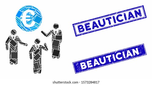 Mosaic Euro discussion pictogram and rectangular Beautician stamps. Flat vector Euro discussion mosaic pictogram of randomized rotated rectangle items. Blue Beautician stamps with rubber texture.