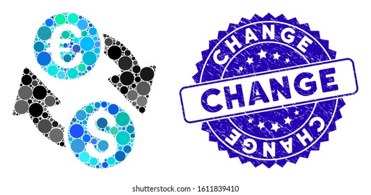 Mosaic Euro Dollar change icon and rubber stamp watermark with Change phrase. Mosaic vector is created with Euro Dollar change icon and with random round elements. Change stamp seal uses blue color,