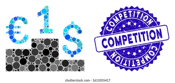 Mosaic Euro Dollar competition icon and distressed stamp seal with Competition caption. Mosaic vector is created with Euro Dollar competition icon and with random spheric spots.