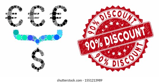 Mosaic Euro Dollar conversion aggregator and grunge stamp seal with 90% Discount caption. Mosaic vector is formed with Euro Dollar conversion aggregator icon and with random round elements.