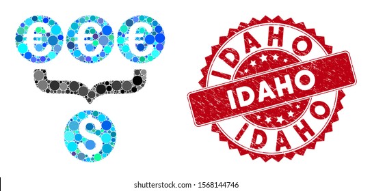 Mosaic Euro Dollar conversion aggregator and corroded stamp seal with Idaho caption. Mosaic vector is composed with Euro Dollar conversion aggregator icon and with random circle items.