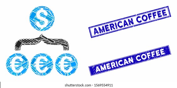 Mosaic Euro Dollar conversion aggregator pictogram and rectangular seal stamps. Flat vector Euro Dollar conversion aggregator mosaic pictogram of scattered rotated rectangular items.