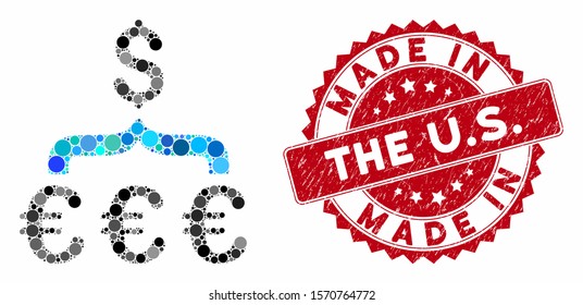 Mosaic Euro Dollar conversion aggregator and rubber stamp seal with Made in the U.S. text. Mosaic vector is formed with Euro Dollar conversion aggregator icon and with random round items.