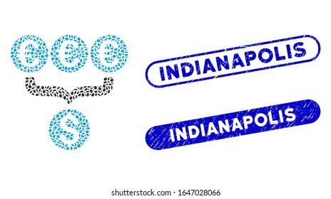 Mosaic Euro Dollar conversion aggregator and grunge stamp seals with Indianapolis text. Mosaic vector Euro Dollar conversion aggregator is designed with randomized elliptic parts.