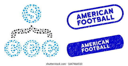 Mosaic Euro Dollar conversion aggregator and corroded stamp seals with American Football text. Mosaic vector Euro Dollar conversion aggregator is formed with randomized ellipse spots.