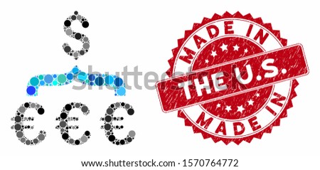 Mosaic Euro Dollar conversion aggregator and rubber stamp seal with Made in the U.S. text. Mosaic vector is formed with Euro Dollar conversion aggregator icon and with random round items.