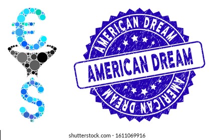 Mosaic Euro Dollar conversion filter icon and corroded stamp watermark with American Dream caption. Mosaic vector is created with Euro Dollar conversion filter icon and with random round spots.
