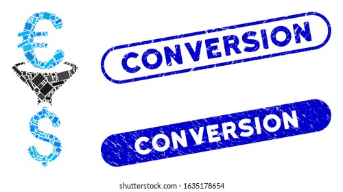 Mosaic Euro Dollar conversion filter and rubber stamp seals with Conversion caption. Mosaic vector Euro Dollar conversion filter is composed with scattered rectangle items.