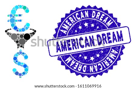 Mosaic Euro Dollar conversion filter icon and corroded stamp watermark with American Dream caption. Mosaic vector is created with Euro Dollar conversion filter icon and with random round spots.