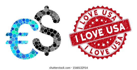 Mosaic Euro and Dollar currency and grunge stamp seal with I Love USA caption. Mosaic vector is formed with Euro and Dollar currency icon and with random circle elements.