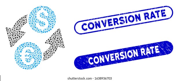 Mosaic Euro Dollar exchange and distressed stamp seals with Conversion Rate text. Mosaic vector Euro Dollar exchange is composed with scattered oval dots. Conversion Rate stamp seals use blue color,