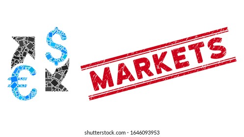 Mosaic Euro Dollar exchange icon and red Markets stamp between double parallel lines. Flat vector Euro Dollar exchange mosaic icon of random rotated rectangle elements.