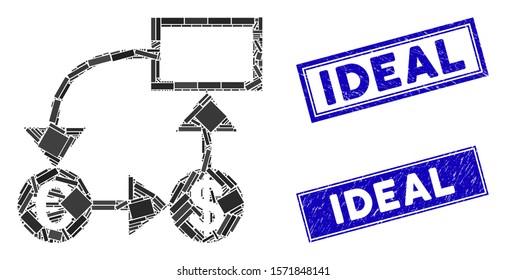 Mosaic Euro and Dollar flow chart icon and rectangle Ideal rubber prints. Flat vector Euro and Dollar flow chart mosaic icon of randomized rotated rectangle elements.