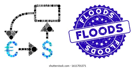 Mosaic Euro Dollar flow chart icon and grunge stamp seal with Floods caption. Mosaic vector is composed with Euro Dollar flow chart pictogram and with scattered spheric items.