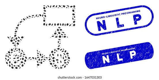 Mosaic Euro and Dollar flow chart and corroded stamp seals with Neuro-Linguistic Programming N L P caption. Mosaic vector Euro and Dollar flow chart is designed with random ellipse dots.