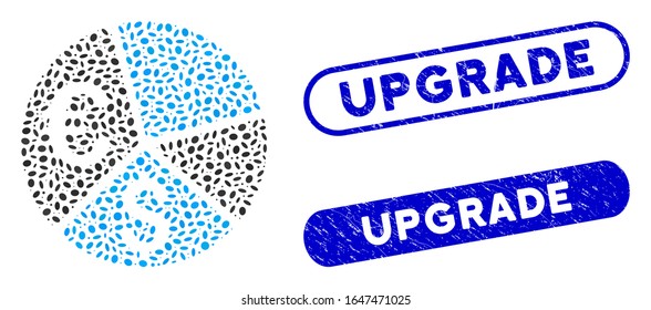 Mosaic Euro and Dollar pie chart and grunge stamp seals with Upgrade text. Mosaic vector Euro and Dollar pie chart is composed with random elliptic items. Upgrade stamp seals use blue color,