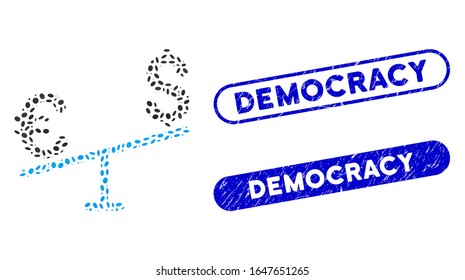 Mosaic Euro Dollar swing and rubber stamp seals with Democracy phrase. Mosaic vector Euro Dollar swing is created with random ellipse spots. Democracy stamp seals use blue color,