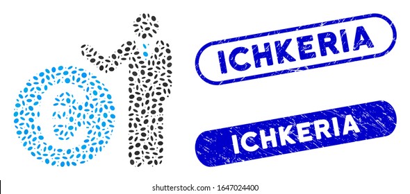 Mosaic Euro economist and rubber stamp seals with Ichkeria caption. Mosaic vector Euro economist is composed with random ellipse dots. Ichkeria stamp seals use blue color,