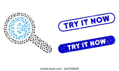 Mosaic Euro financial audit and rubber stamp seals with Try It Now phrase. Mosaic vector Euro financial audit is formed with scattered elliptic dots. Try It Now stamp seals use blue color,