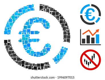 Mosaic Euro financial diagram icon constructed from square elements in variable sizes and color hues. Vector square items are grouped into abstract mosaic Euro financial diagram icon.