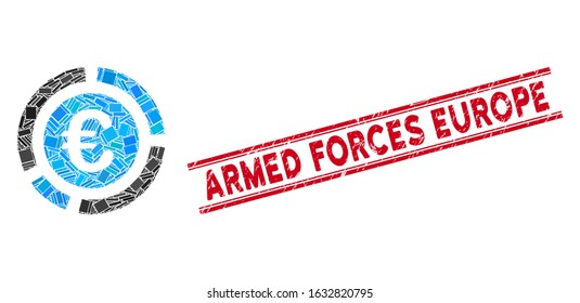 Mosaic Euro financial diagram pictogram and red Armed Forces Europe seal stamp between double parallel lines.