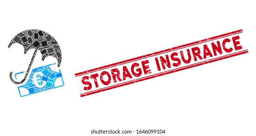 Mosaic Euro financial umbrella pictogram and red Storage Insurance stamp between double parallel lines. Flat vector Euro financial umbrella mosaic pictogram of randomized rotated rectangle elements.
