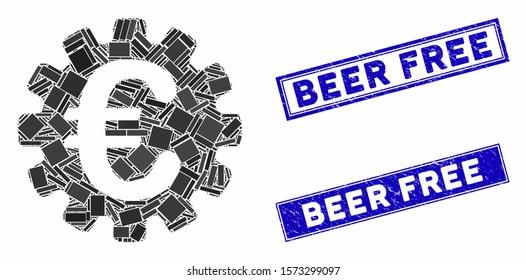 Mosaic Euro gear icon and rectangular Beer Free watermarks. Flat vector Euro gear mosaic icon of random rotated rectangular items. Blue Beer Free stamp imprints with rubber surface.
