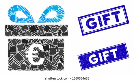 Mosaic Euro gift icon and rectangle stamps. Flat vector Euro gift mosaic icon of random rotated rectangle items. Blue caption seal stamps with grunged surface.
