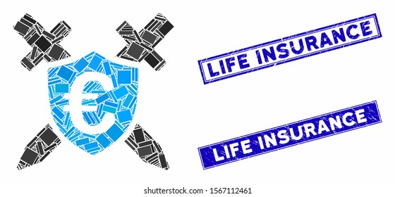 Mosaic Euro guard shield pictogram and rectangular rubber prints. Flat vector Euro guard shield mosaic pictogram of random rotated rectangular items. Blue caption seals with grunge texture.
