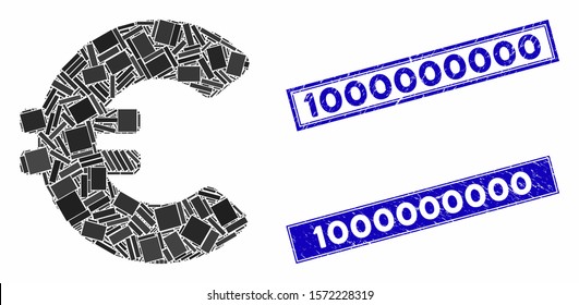 Mosaic Euro icon and rectangle 1000000000 stamps. Flat vector Euro mosaic icon of randomized rotated rectangle items. Blue 1000000000 seal stamps with dirty textures.