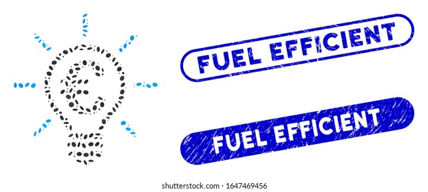 Mosaic Euro idea bulb and grunge stamp seals with Fuel Efficient phrase. Mosaic vector Euro idea bulb is formed with random ellipse pieces. Fuel Efficient stamp seals use blue color,